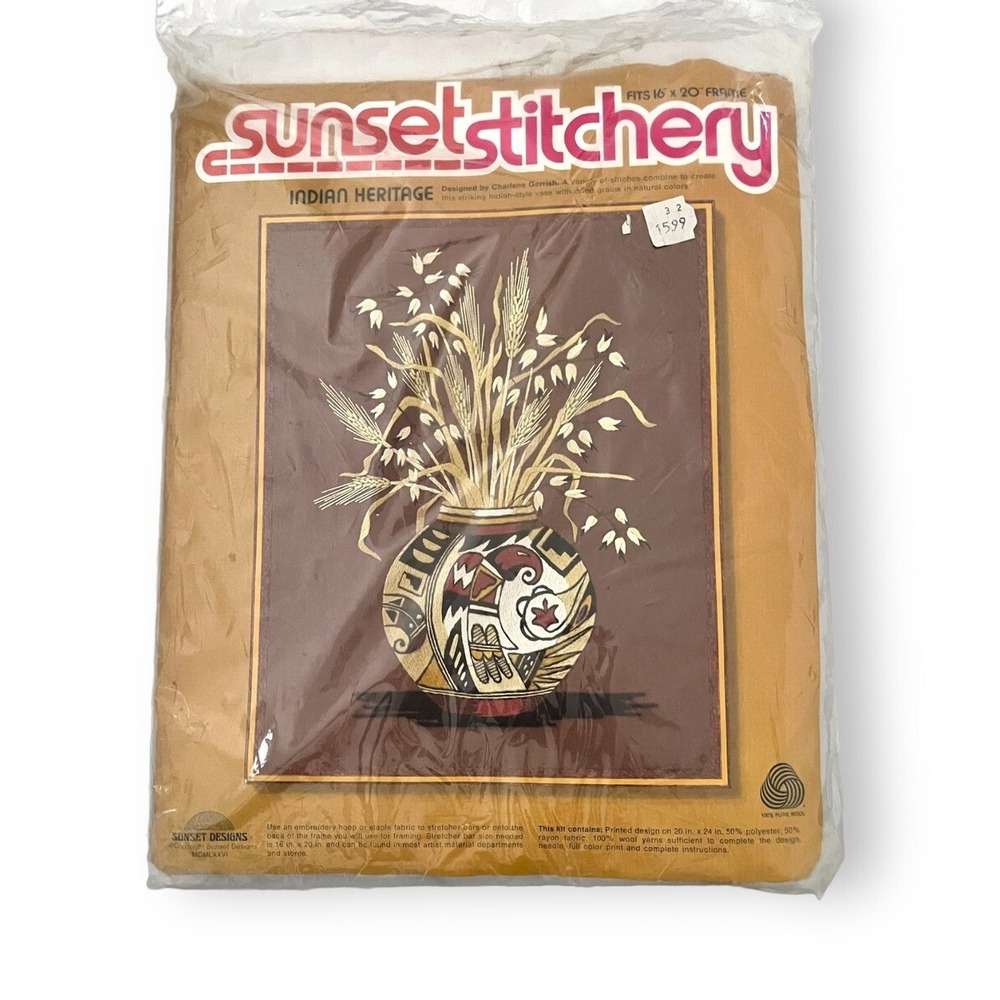Sunset Stitchery 2288- INDIAN HERITAGE Vintage 1976 Crewel Embroidery Kit NOS